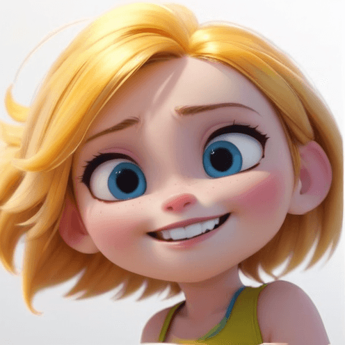 3D cartoon blonde girl with big blue eyes and freckles smiling brightly