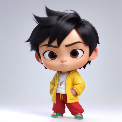 3D animated cartoon boy character with black spiky hair, wearing a yellow hoodie, white t-shirt, red pants, and turquoise shoes