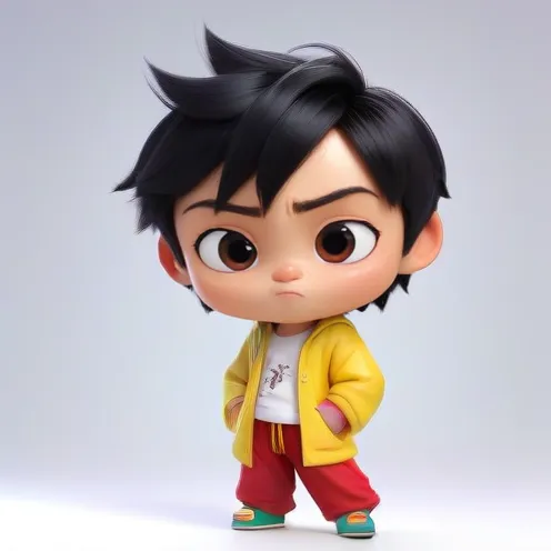3D animated cartoon boy character with black spiky hair, wearing a yellow hoodie, white t-shirt, red pants, and turquoise shoes
