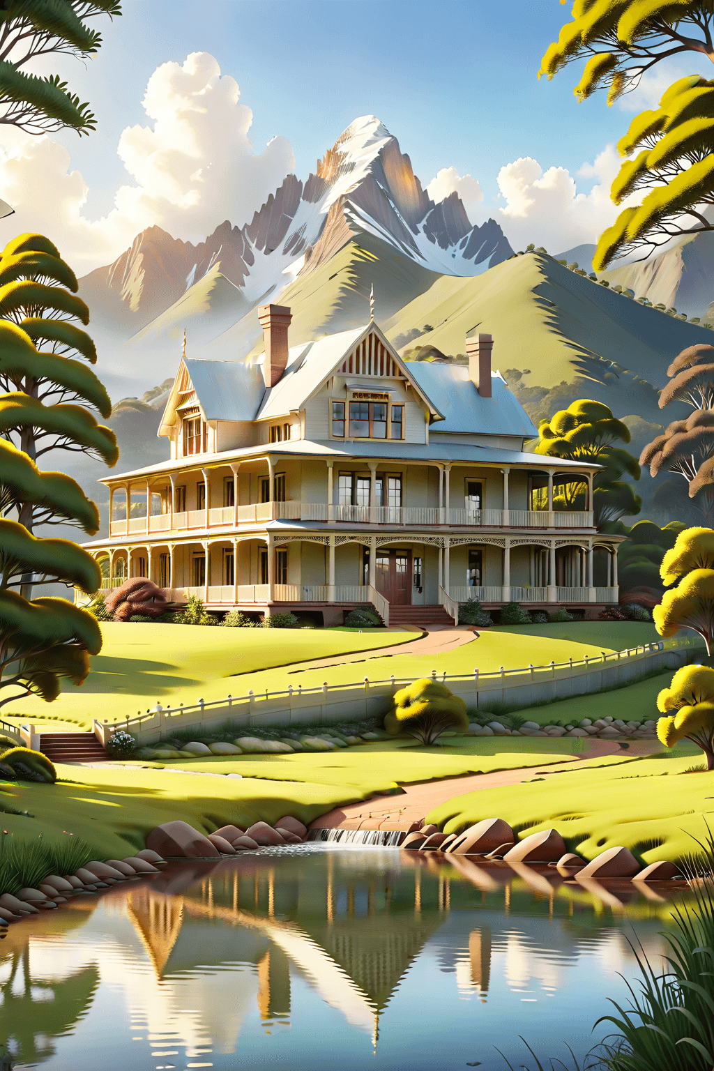 Large countryside mansion with wraparound veranda reflected in a calm lake with mountain backdrop