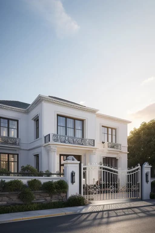 Elegant white luxury mansion with classical architecture, ornate wrought iron gates and balconies under clear blue sky