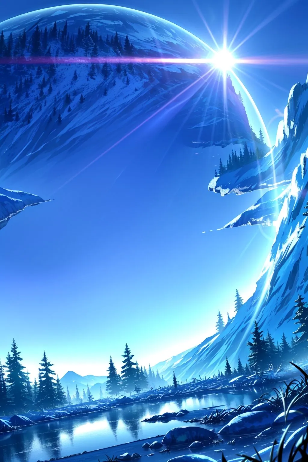 Futuristic snowy mountain landscape with evergreen trees and a massive blue planet in the sky