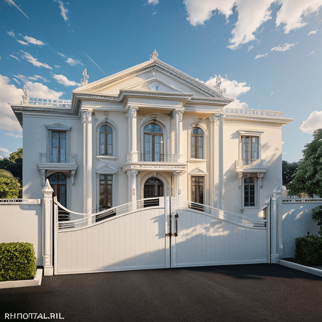 Grand neoclassical white mansion with ornate facade, Corinthian columns, and large white gate under blue sky