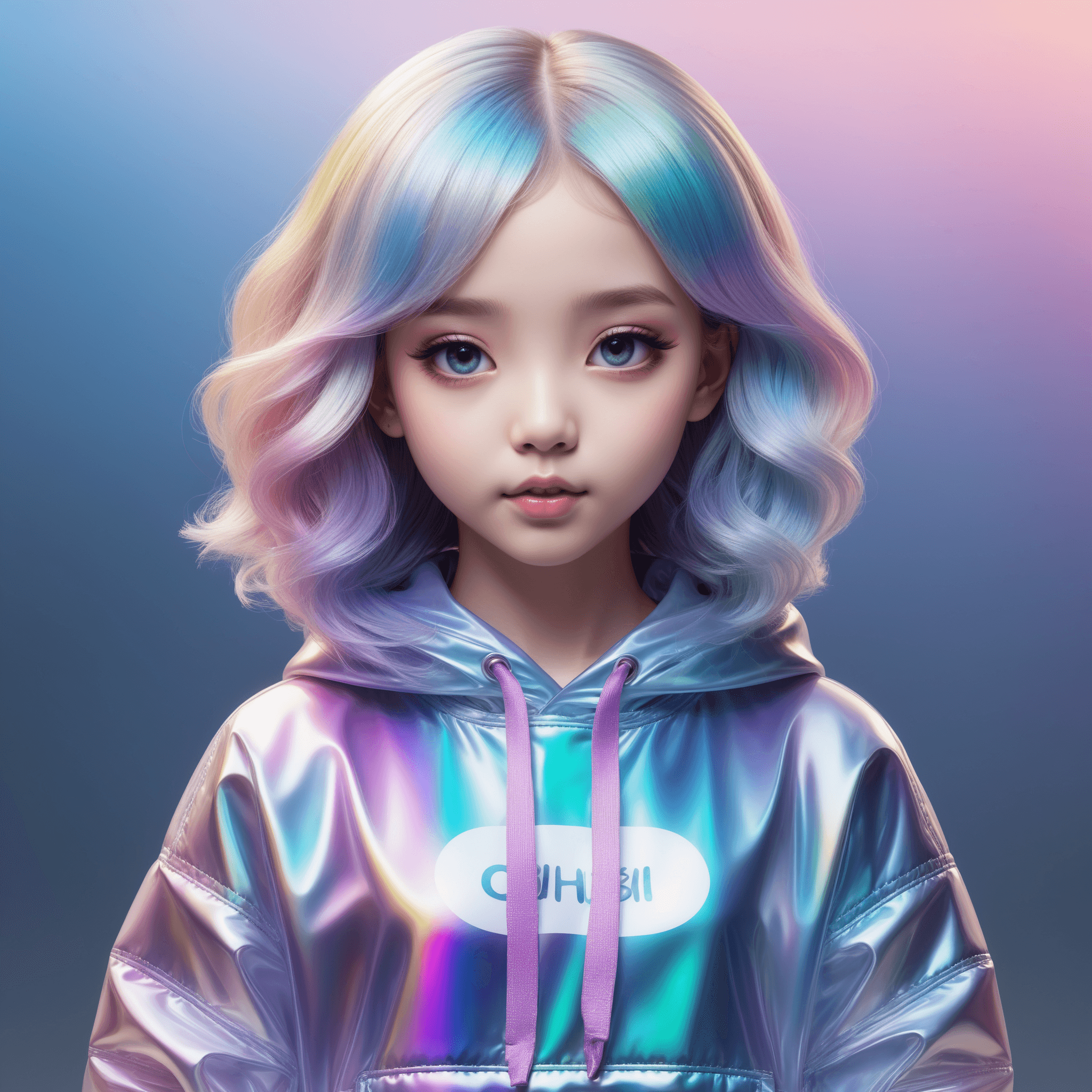 3D anime style girl with pastel rainbow hair wearing a holographic hoodie on a soft gradient background