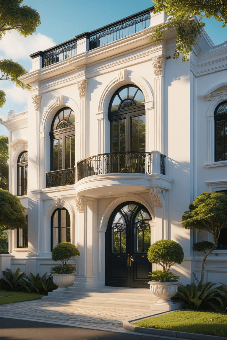 Luxury white mansion with neoclassical architecture, arched windows and balcony
