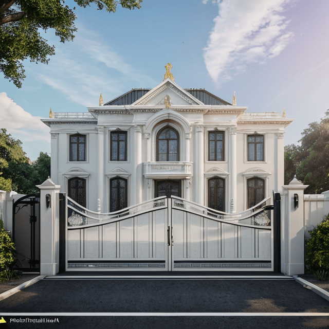 Stunning white luxury mansion with classical architecture and ornate grand entrance gate
