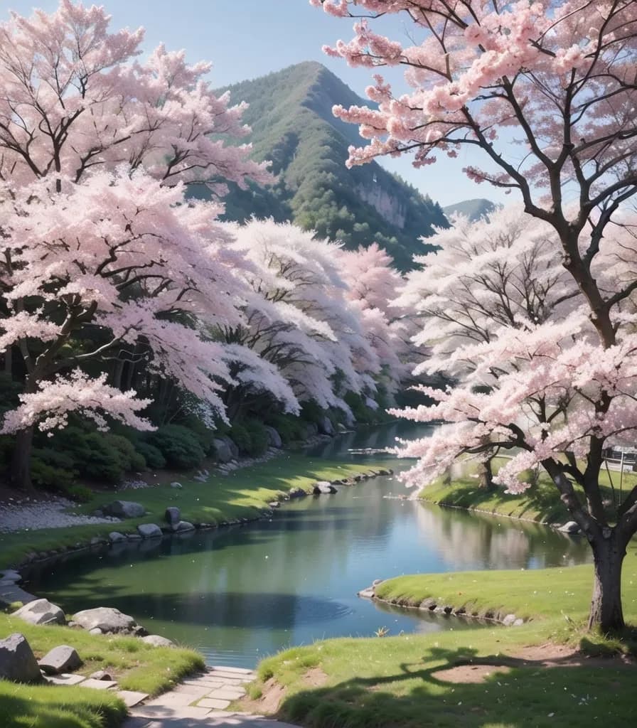 Serene cherry blossom trees along a winding river with green mountains in the background