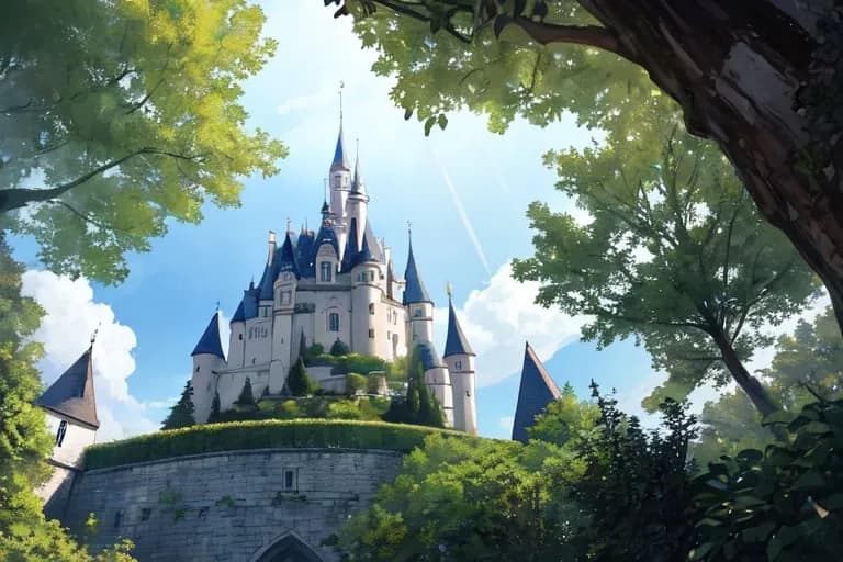 Majestic fairytale castle with blue spires on a hill, surrounded by lush green trees under a sunny blue sky