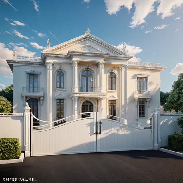 Grand neoclassical white mansion with ornate facade, Corinthian columns, and large white gate under blue sky