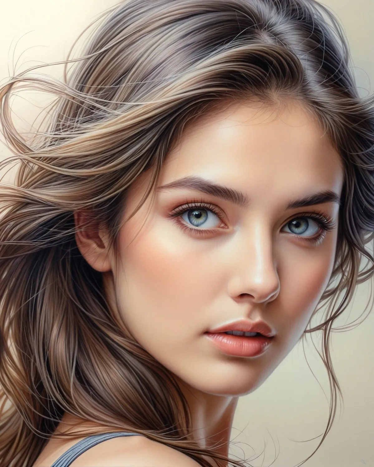 Hyperrealistic close up portrait of a blue eyed woman with windblown hair