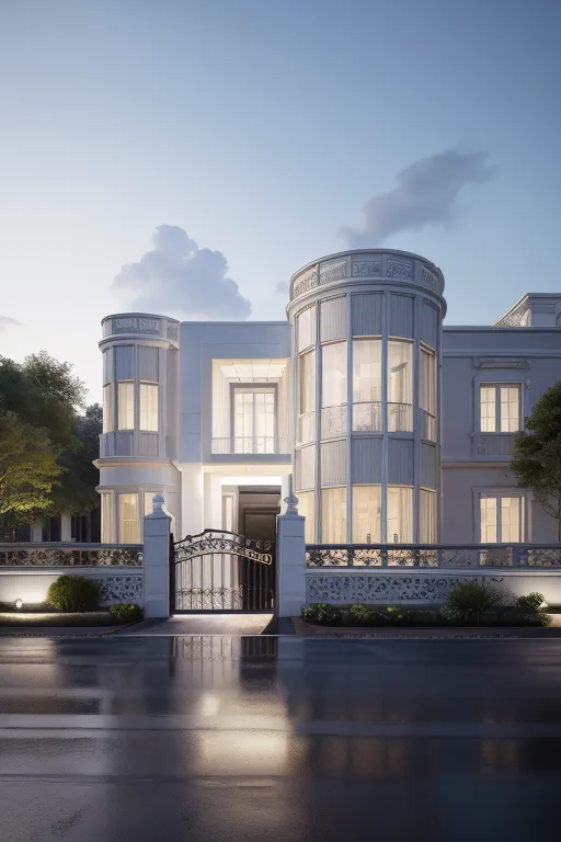 Luxury modern classical mansion exterior at twilight with circular bay windows and wrought-iron gate