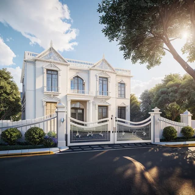 Grand luxury white neoclassical mansion with ornate entrance gates, elegant architecture, lush green landscaping under sunny blue sky